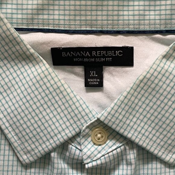 Banana Republic Non-Iron Slim Fit L Green Checked Mens Dress Shirt Size XL - Picture 4 of 6